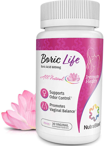 NutraBlast Boric Life Boric Acid Suppositories 600mg for Vaginal Odor Control, Bacterial Vaginosis Treatment, 30 Capsules Suppositories