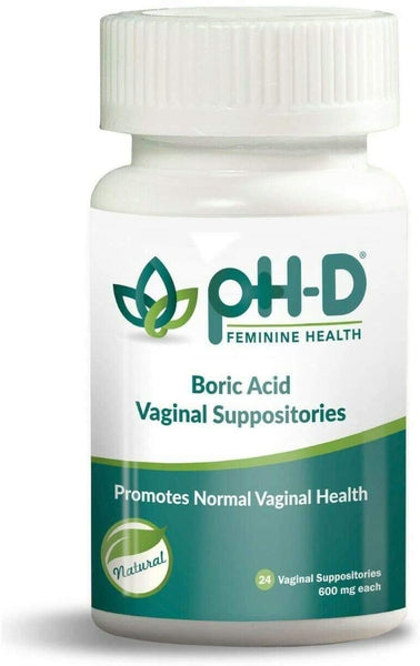 PhD Feminine Health Boric Acid Vaginal Suppositories 600mg for Odor Control, Bacterial Vaginosis Treatment, 30 Capsule Suppositories